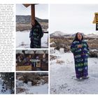 Links: "Ein Tag mit Delaine...", "Hier habe ich...",
Rechts: "DELAINE", "Die Jägerin mit traditionellem Bogen."
Winterlandschaft mit Frau in bunter Kleidung.