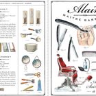 „Alain Mâitre Barbier“ zeigt klassische Rasierutensilien; daneben Bistrobeschreibung von „Chez Nenesse“.