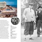 Text zu James Bond, Auric Goldfinger und Dreharbeiten in Miami und der Schweiz. Links Hotelansicht, rechts Golfspieler.