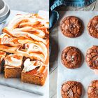 Links: Kuchen mit weiß-karamellfarbener Glasur. Daneben Honigglas mit Löffel. Rechts: Hand greift nach Schokokeksen.