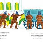 Links: Text über Großvaters Schweigen zu Rotfüchsen. Rechts: Großvaters Gründe. Bild zeigt Tierfiguren und Wagen.