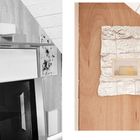 Links: geometrische Formen und Schwarz-Weiß-Foto. Rechts: Alufolie umrahmt einen kleinen rechteckigen Ausschnitt mit Holz.