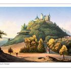 Schloss Landsberg bei Meiningen. Illustration einer Burg auf einem grünen Hügel mit Bäumen und Spaziergängern.