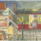 Text: „Bald fahren wir aus der Stadt hinaus...“, Straßenschild „Bahnhofstraße“. Die Illustration zeigt ein gemütliches Haus und einen Zug.