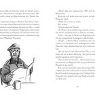 Textseite mit zwei Spalten. Illustration: Älterer Mann mit Brille, Bart, Mütze, Mantel und Zeitung; Tasse auf dem Tisch.