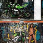 "04 April" steht unten. Oben ein Motorrad in Grün und Schwarz vor Graffiti. Eine Frau in Unterwäsche posiert daneben.