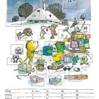 "DEZEMBER" am Himmel, darunter ein winterliches Illustration mit Tieren und nummerierten Türchen. Ein Adventskalender.