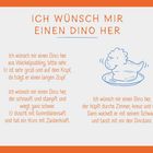 Text: Ich wünsch mir einen Dino her. Illustration: Ein schaukelnder Dino aus Wackelpudding auf einem Teller.