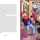 Text: „Lianes Café“. Illustration von drei Figuren in einem Raum: Eine Frau auf einer Leiter, eine Person mit Blumenkranz, eine lachende Person mit Bart.