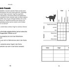 Text enthält Anweisungen zum Zuordnen von Katzen, Vögeln und Räumen, sowie Tabellen für Notizen. Oben „Meowdle“.