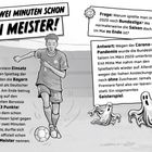 "Nach zwei Minuten schon ein Meister!", gefolgt von einem Fußballspieler und kleinen Gespenstern als Illustration.