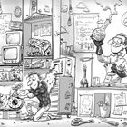 Rechts: "Weltherrschaft" Checkliste. Links: Werkstatt mit Erfindungen und Zeichnungen. Mann arbeitet an einer Maschine.