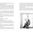 Seiten 12 und 13 aus einem Buch. Auf Seite 13 ist eine Illustration eines Raben mit einem Brief im Schnabel vor einem Fenster.