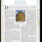 Text über dem Kölner Dom: Kathedrale für die Gebeine der Heiligen Drei Könige. Weitere Details zur Architektur und Geschichte.