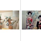 Links: Zwei Frauen mit großen Hüten vor einem Spiegel. Rechts: Zwei Frauen in traditionellen japanischen Kimonos.