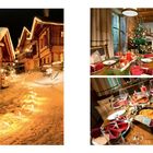 Links: Schneebedeckte Holzhäuser mit Lichtern. Rechts oben: Weihnachtstisch mit Baum. Rechts unten: Festessen mit Gläsern.