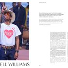 "Pharrell Williams" steht groß unten. Er trägt ein weißes T-Shirt mit rotem Herz und der Aufschrift "Human Made". Er zeigt mit dem Finger nach oben.