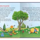 "Leos Frühlingsblumengrüße" zeigt Leo Lausemaus mit Didi auf einer Wiese voller Blumen. Eine Schaukel und ein Baum sind zu sehen.