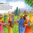 "Jesus vermehrt Essen Johannes 6,1-13. Viele Menschen, Brot und Fische, fröhliche Szene, bunte Kleidung, grüne Landschaft."