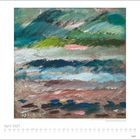 April 2027. Eine abstrakte Landschaft mit kräftigen Pinselstrichen in Blau-, Grün-, und Erdtönen. Unten Kalender.