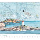 APRIL 2027 | Nordlichter. Illustration einer Küstenlandschaft mit Leuchtturm, Segelboot und kleinen Häusern auf Felsen.