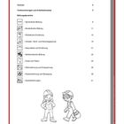 Inhaltsverzeichnis mit Bildungsbereichen und Seitenzahlen. Unten zwei gezeichnete Kinder in Bauarbeiterkleidung.