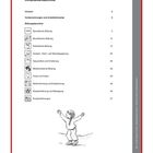 Inhaltsverzeichnis von Bildungsbereichen. Unten: Kind mit ausgestreckten Armen. Text: "Ein Heft, alles drin!"