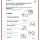 Lied und Anleitung für ein Kinderlied "Rotes Auto", mit Illustrationen von verschiedenen Fahrzeugen wie Auto, Boot und Fahrrad.