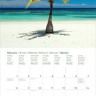 Kalender für Februar 2027 mit Wochentagen in sechs Sprachen. Oben mittig eine Palme am Strand vor blauem Himmel.