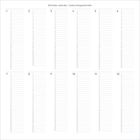 "Birthday calendar | Geburtstagskalender". Ein einfaches Raster mit Zahlen 1-31, unterteilt in 12 Spalten für Monate.