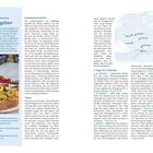 Text: Essen gehen, Katalanische Küche, Tapas, 5 Tipps für 5 Abende.  
Links: Teller mit Tarte und Oliven.   
Rechts: Karte mit Restaurantmarkierungen.
