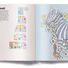 Links: Text "Get Dressed!" mit Buchbeschreibung. Rechts: Illustration eines Zebras mit Pinguin und Blumen.