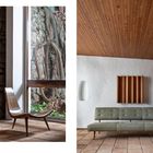 Text: "Ictest, sit mlouptas as que pa viti bererep ernaturr? Im voluptiores estia quam et ommoids atis et." Links ein Holzstuhl und Skulptur vor Steinmauer; rechts ein grünes Sofa auf Fliesenboden, Holzdecke.