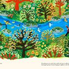 Texts:
“Your house, toys, shoes, food, and water. Birds, dogs, cats, and people too.”
“Everything we see, touch, hear, smell, and taste is really just a humongous group of atoms hanging on tightly to each other.”

Colorful Illustration:
Fluss, Enten, Bäume, Blumen, und zwei Menschen im Grünen.