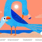 Ein blauer Ara und ein kleinerer hellblauer Vogel stehen am Strand. Ein weißes Ei liegt im Sand unter dem Ara.