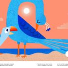 Animierte Vögel am Strand; links ein Ara, rechts ein Pfau neben einem Ei. Lauter, farbenfroher Hintergrund mit Wolken.