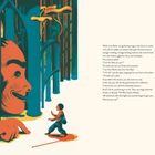 Text: Ein Dialog zwischen Issun Bōshi und einem Wesen über eine Schatzsuche. Illustration: Ein kleiner Junge steht vor einem riesigen Gesicht im Wald.