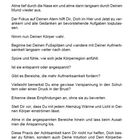 Ein Text beschreibt eine Achtsamkeitsübung. Es geht um Atmung, Körperwahrnehmung und das Loslassen von Anspannung.