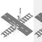 Die Illustration zeigt einen Bahnübergang mit Schranken und Signalen, wo Schienen eine Straße kreuzen.