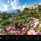 Text: "Südtirol 04", "Schloss Trauttmansdorff, Meran". Eine blühende Gartenlandschaft mit Schloss auf einem Hügel.