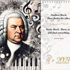 Zitate von Johannes Brahms auf Deutsch und Englisch. Kalender April 2027. Illustration von J. S. Bach mit musikalischen Motiven.