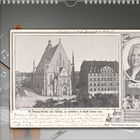 Kalenderseite eines Aprils mit Bleistift, Violine, St. Thomas-Kirche und Porträt „JOH. SEB. BACH“.