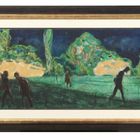 Illustration in einem Rahmen zeigt schemenhafte Figuren vor leuchtenden, abstrakten Farben in grüner und blauer Umgebung.