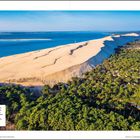 Europas größte Wanderdüne, Dune du Pilat: links Meer, rechts dunkles Grün der Kiefernwälder unter blauem Himmel.