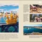 Zitate über Schweden, Zimtschnecken und Astrid Lindgren. Fotos zeigen eine goldene Krone, Zimtschnecken und schwedische Landschaften.