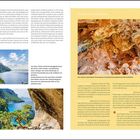Seite mit Text über Wanderungsvorbereitung und Toureninformationen. Rechts Karte, unten Fotos von Küstenlandschaft und Felsen.