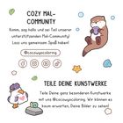 COZY MAL-COMMUNITY: Illustrationen von Otter mit Muschel, Pinguin mit Herz und kleine bunte Symbole umrahmen die Texte.