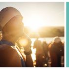 INDIVIDUALITÄT | EMPATHIE. Ein Schwimmer in der Sonne, rechts ein Gruppenbadestelle. Warmes Licht.