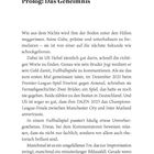 Text: "Prolog: Das Geheimnis". Inhalt über Uli Hebel, Fußballkommentare und Ereignisse bei Fußballspielen.