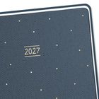 "2027" zentriert auf einem dunkelblauen Hintergrund mit kleinen goldenen Punkten. Einfache und elegante Gestaltung.